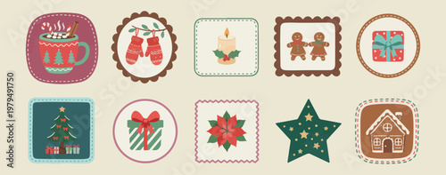 Christmas winter holiday icons, festive seasonal vector illustrations, xmas celebration decor graphics, snowflake and holly berry symbols, winter mittens and candle elements, holiday season greeting i