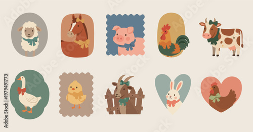Adorable farm animal set, cute livestock vector illustrations, domestic animals sticker graphics, pig horse and chicken icons, baby farm animal collection, nursery wall art animal elements, cartoon co