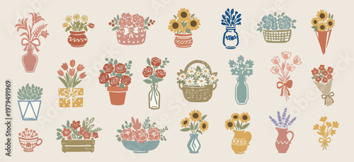 Beautiful flower vase set, floral bouquet vector illustrations, interior home decor graphics, blooming blossoms in jars, nature botanical flower icons, elegant garden plant elements, colorful spring f