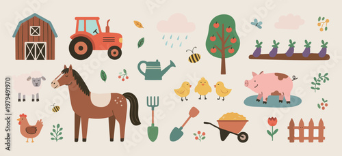 Rural farm life elements, gardening tool vector set, countryside agriculture illustrations, horse and chicken animal graphics, watering can and tractor icons, harvest season farm decor, outdoor hobby 