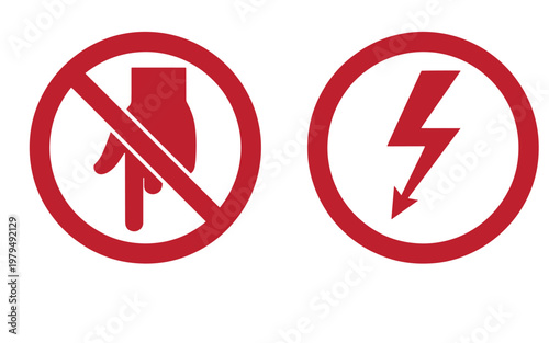 Red warning signs with hand and lightning bolt symbols on white background, red signs prohibition signs