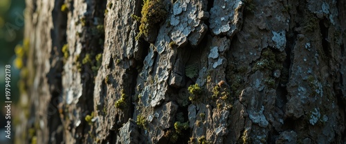 Close-Up View of Textured Tree Bark with Lichen and Moss in Natural Light