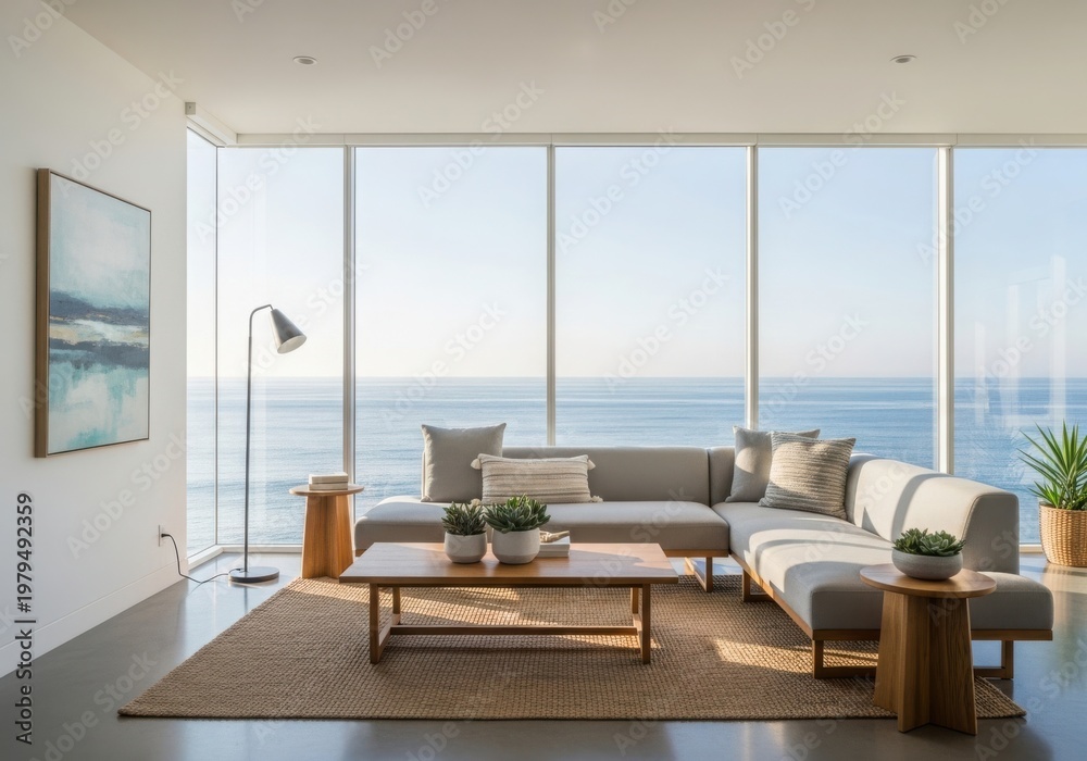 Fototapeta premium Modern living room with large windows and minimalist decor overlooking a serene view