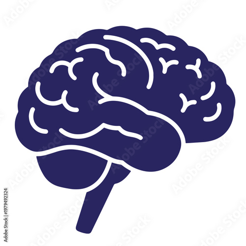 Dark blue silhouette of a human brain with white line details representing the cerebral cortex, isolated on a white background