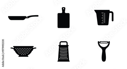 Kitchen utensil icon set with 6 black silhouettes, cooking equipment vector collection, minimalist culinary tools for food preparation and restaurant menus