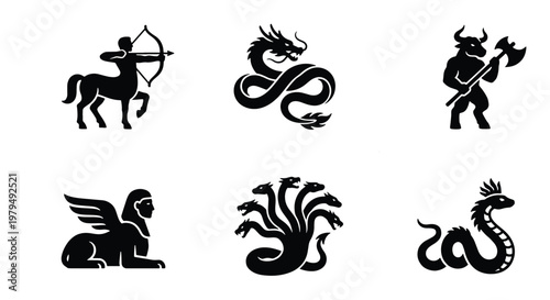 Mythological creatures icon set, black silhouette fantasy monsters vector, ancient greek and medieval beast illustrations for gaming and branding