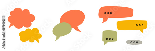 Flat illustration set of various colorful speech bubbles and chat clouds. Bright communication elements for social media, dialog interface or business feedback design. Isolated on white