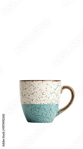 Ceramic coffee mug with blue and white speckled glaze isolated on a transparent background