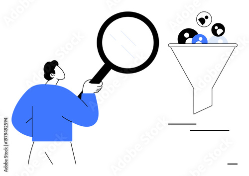 Data analysis, customer targeting, recruitment, filtering, business strategy, decision-making. Person with magnifying glass inspecting elements entering a funnel. Data analysis and customer targeting