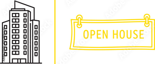 Commercial real estate vector illustration with skyscraper icon and open house hanging sign for office rental and property sales