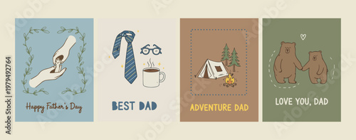 Happy Father's Day cards, best dad tie and coffee icons, adventure dad camping graphics, gentleman accessory design elements, male parent celebration symbols, family holiday greeting set, masculine ae