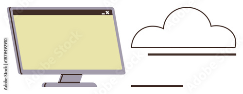 Technology, cloud storage, data transfer, remote access, internet services, digital connections. Minimalist computer screen and cloud symbol. Cloud storage and data transfer visualization