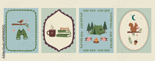 Outdoor adventure book labels, camping and education icons, mountain forest tent graphics, cozy library camping elements, nature study badge set, exploring wilderness book illustrations, rustic travel