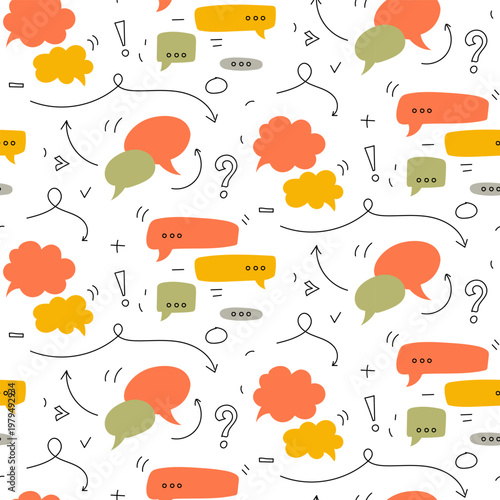 Flat illustration of a seamless pattern with colorful speech bubbles and hand drawn arrows. Bright communication background with chat clouds for wallpaper, textile or web design communication