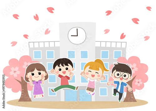 春の学校に行く子供たちのイラスト