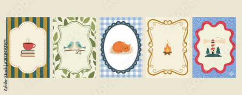 Cute bird and animal frames, decorative nature border set, forest wildlife frame illustrations, vintage floral border graphics, empty photo frame elements, scrapbook animal sticker collection, artisti