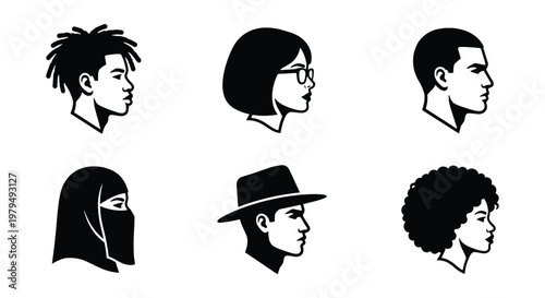 Minimalist diverse people profile avatars, set of 6 black and white vector icons, multicultural human head silhouettes for social media and web design