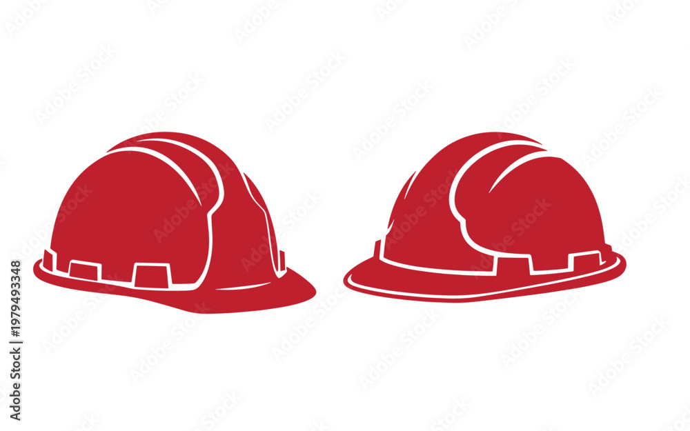 Fototapeta premium Two red hard hats, side view, white outline, isolated on white background, construction hats safety helmets
