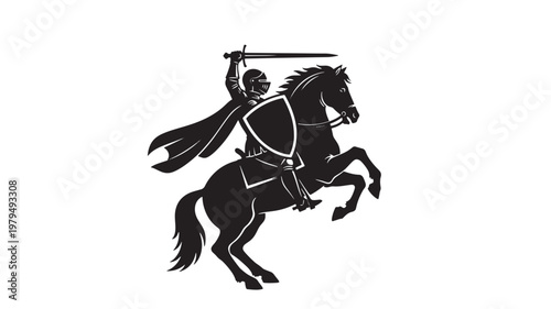 Knight horse rider silhouette icon with spear and flowing cape on white background for logo design featuring medieval, cavalry, jousting with lance