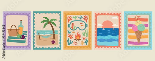Tropical beach vacation badges, outdoor camping adventure illustrations, summer holiday icon graphics, island lighthouse and palm elements, campfire and ocean symbols, travel sticker badge collection,