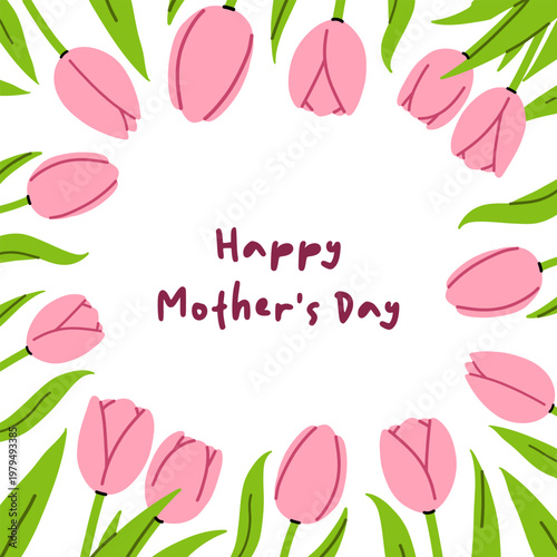 Foto Vector trendy festive Mothers Day card with floral wreath of pink tulip