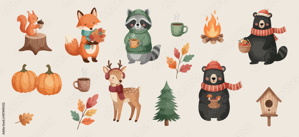 Fototapeta premium Forest animals winter set, cozy raccoon and deer illustrations, woodland creatures nature graphics, campfire and marshmallow icons, winter scarf animal elements, autumn forest animal collection, cute 