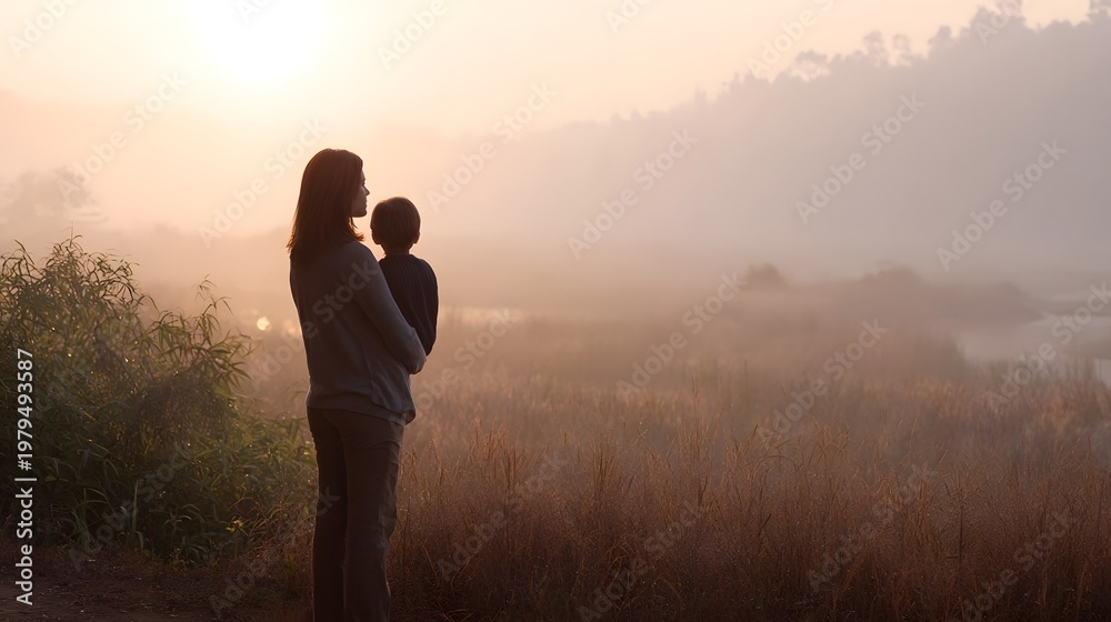 Obraz premium A mother and child stand in a misty field at sunrise embracing a moment of quiet golden lit connection in nature