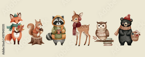 Cute raccoon and deer portraits, forest animal character illustrations, woodland wildlife sticker graphics, nursery wall art animal icons, baby animal nature elements, friendly forest creature collect