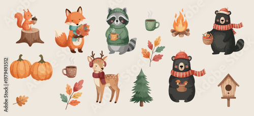 Forest animals winter set, cozy raccoon and deer illustrations, woodland creatures nature graphics, campfire and marshmallow icons, winter scarf animal elements, autumn forest animal collection, cute 