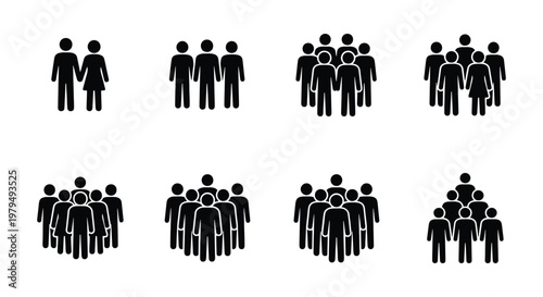 Minimalist people icon set, black silhouette crowd and group symbols, collection of human figures for business and social community concepts