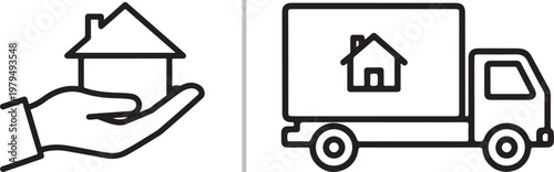 Minimalist line art icons of a hand holding a house and a moving truck for real estate and relocation services vector illustration