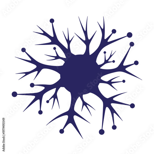 Dark blue silhouette of a stylized snowflake or neuron cell with branching dendrites and circular nodes on a plain white background