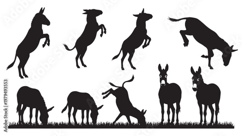 Horse silhouette set with black animals in motion, including grazing, standing, and trotting poses featuring animal shadow, herd, movement with trot