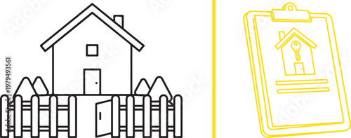 Real estate property inspection and home buying vector illustration with house fence and clipboard icons