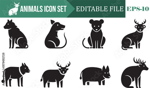 Wild Animal Icon Set Featuring Deer Wolf Lion Cub and Forest Wildlife Silhouettes in Minimalist Solid Vector Style