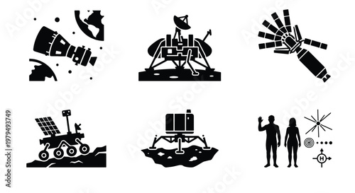 Space exploration icon set, black silhouette astronautics vector elements, lunar rover and moon lander symbols, satellite and rocket ship graphics