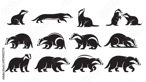 Badger animal silhouettes set with simple black vector shapes for wildlife, logo, and icon design featuring mascot, zoo, mustelid with burrowing and