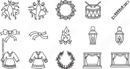 Folk Culture and Festival Icon Set Featuring Traditional Dancers Musical Instruments Bonfire Floral Wreaths and Costumes in Line Art Style