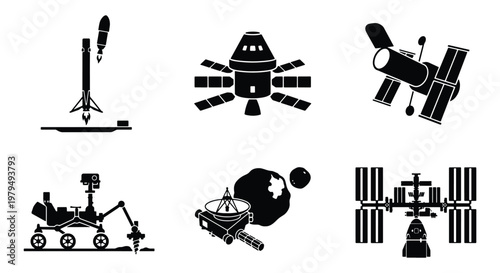 Space exploration vector icons set, black silhouette rocket launch and satellite symbols, 6 astronomy and aerospace technology elements
