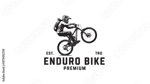 Bicycle rider motocross style graphic with endurance bike text and established premium branding on white