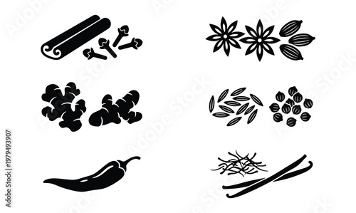 Culinary spices and herbs vector icon set, black silhouette aromatic seasoning elements, organic cooking ingredients for kitchen menu design