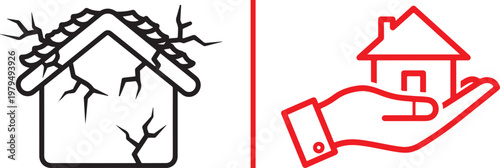 Home insurance and property protection vector icons showing damaged house with cracks and hand holding house for safety