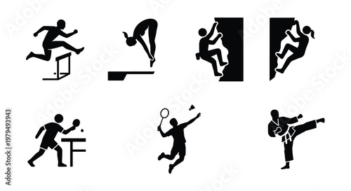 Minimalist sports icons set, black silhouette athlete symbols, collection of 7 vector pictograms for competition and fitness activities
