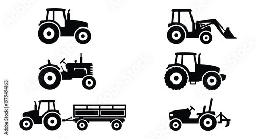 Agricultural tractor silhouette set, 6 black farm vehicle icons, industrial machinery and heavy equipment vectors for farming and construction