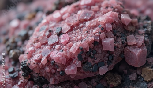 Closeup View of Pink Salt Crystals with Varied Textures and Shapes Against a Dark Background