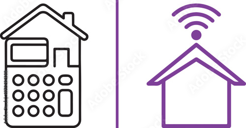 Smart home and mortgage calculator line icons representing wireless connectivity and real estate finance vector illustration