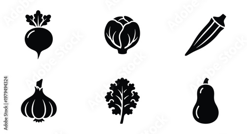 Minimalist vegetable icon set, black silhouette organic food symbols, 6 flat vector elements including beet, cabbage, okra, garlic, kale, and squash