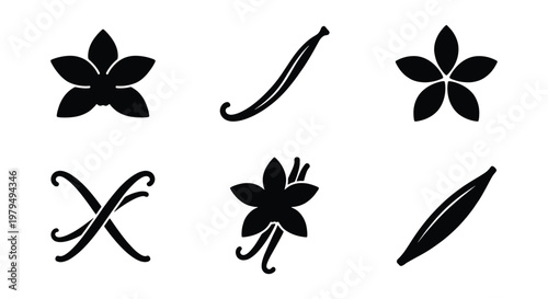 Vanilla flower and bean pod icons, set of 6 black botanical vector silhouettes, aromatic spice plant elements for food packaging and cosmetic design