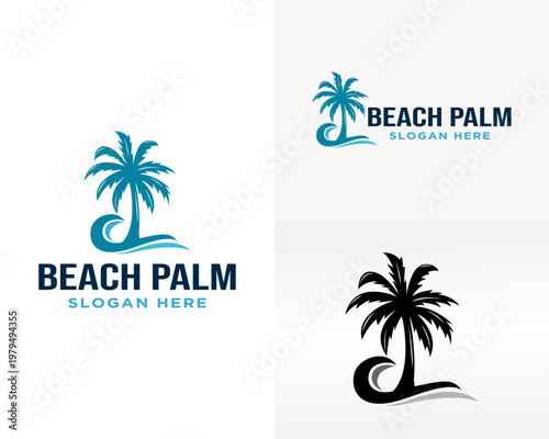 Beach Palm Logo Design With Tropical Palm Tree Wave