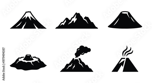 Minimalist volcano icons and mountain peak silhouettes, set of 6 black vector illustrations, volcanic eruption and geological landscape symbols